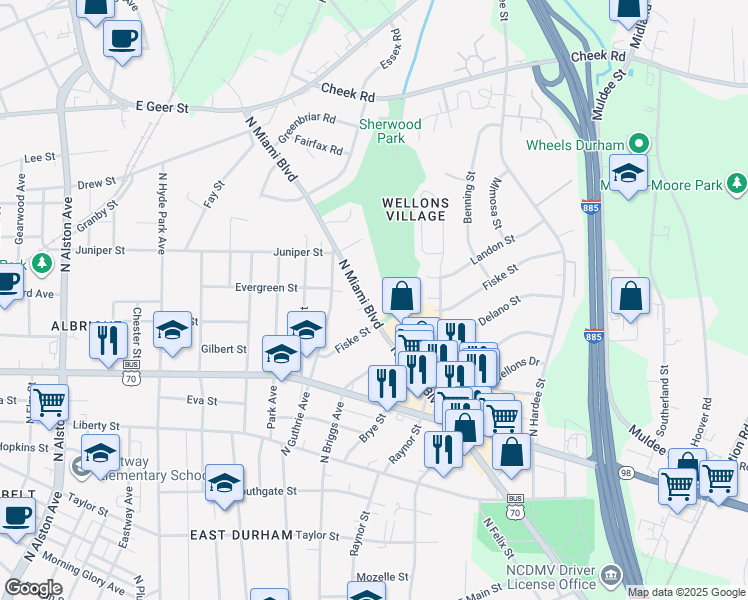 map of restaurants, bars, coffee shops, grocery stores, and more near 1212 North Miami Boulevard in Durham