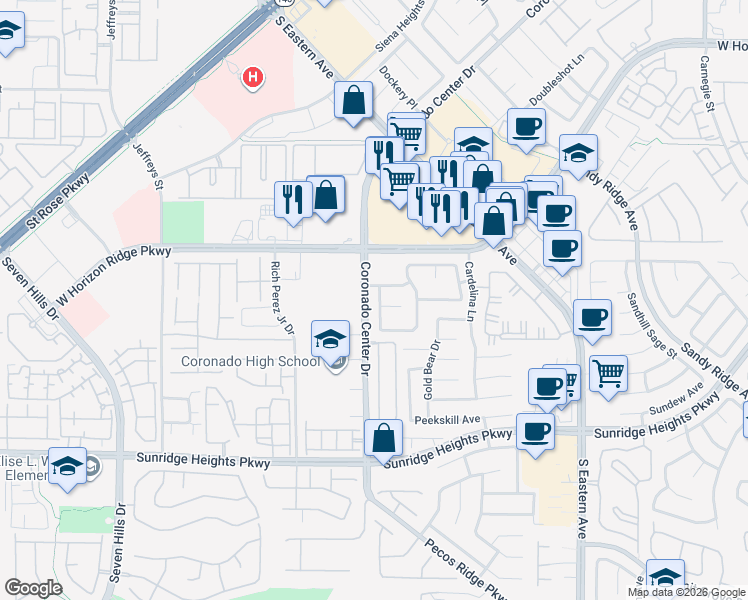map of restaurants, bars, coffee shops, grocery stores, and more near 815 Happy Sparrow Avenue in Henderson
