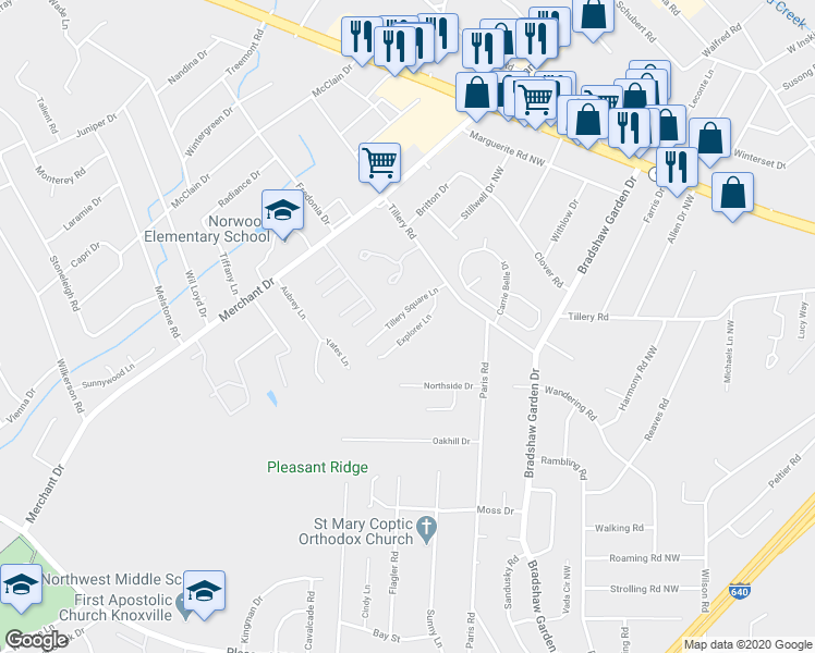 map of restaurants, bars, coffee shops, grocery stores, and more near 1847 Explorer Lane in Knoxville