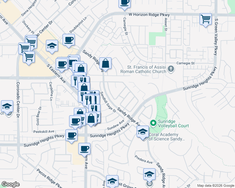 map of restaurants, bars, coffee shops, grocery stores, and more near 2564 Williamsburg Street in Henderson