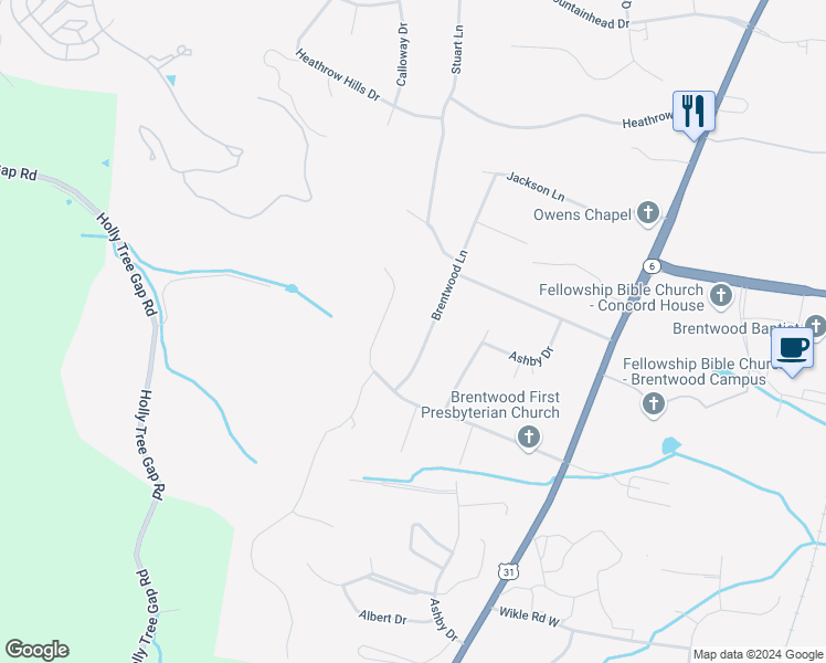 map of restaurants, bars, coffee shops, grocery stores, and more near 1209 Brentwood Lane in Brentwood