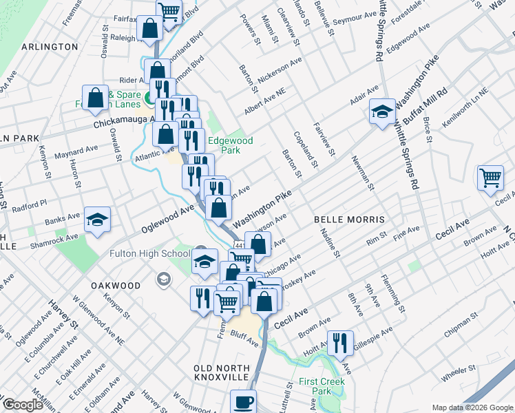 map of restaurants, bars, coffee shops, grocery stores, and more near 1517 Washington Pike in Knoxville