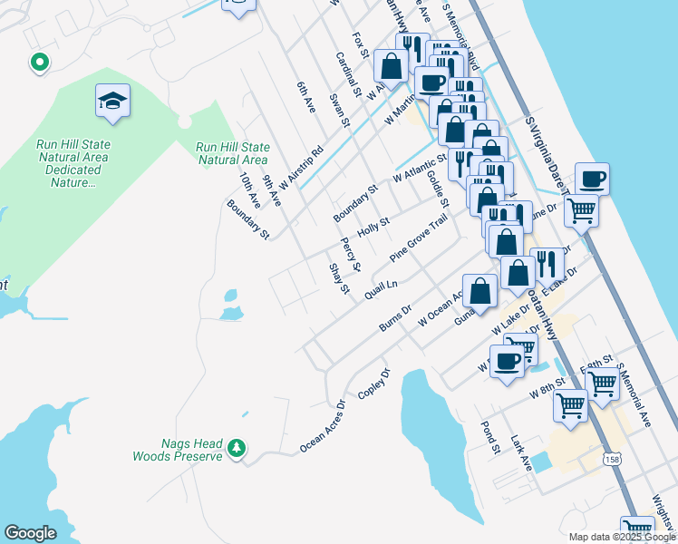 map of restaurants, bars, coffee shops, grocery stores, and more near 808 Dean Street in Kill Devil Hills