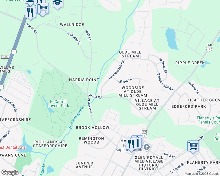 map of restaurants, bars, coffee shops, grocery stores, and more near 414 Bakewell Court in Wake Forest