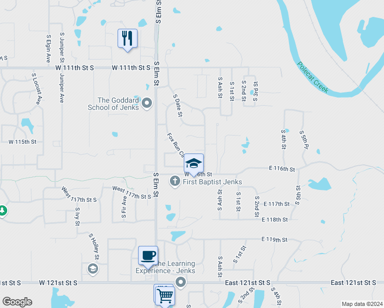 map of restaurants, bars, coffee shops, grocery stores, and more near 214 West 115th Street South in Jenks