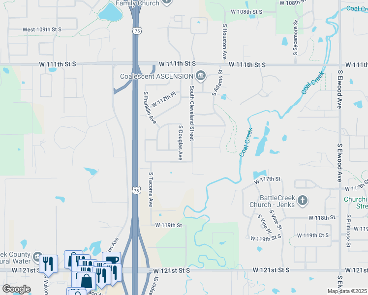 map of restaurants, bars, coffee shops, grocery stores, and more near 11483 South Douglas Avenue in Jenks