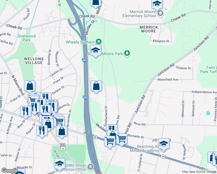 map of restaurants, bars, coffee shops, grocery stores, and more near 324 Southerland Street in Durham