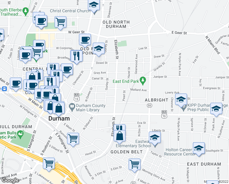 map of restaurants, bars, coffee shops, grocery stores, and more near 505 North Elizabeth Street in Durham