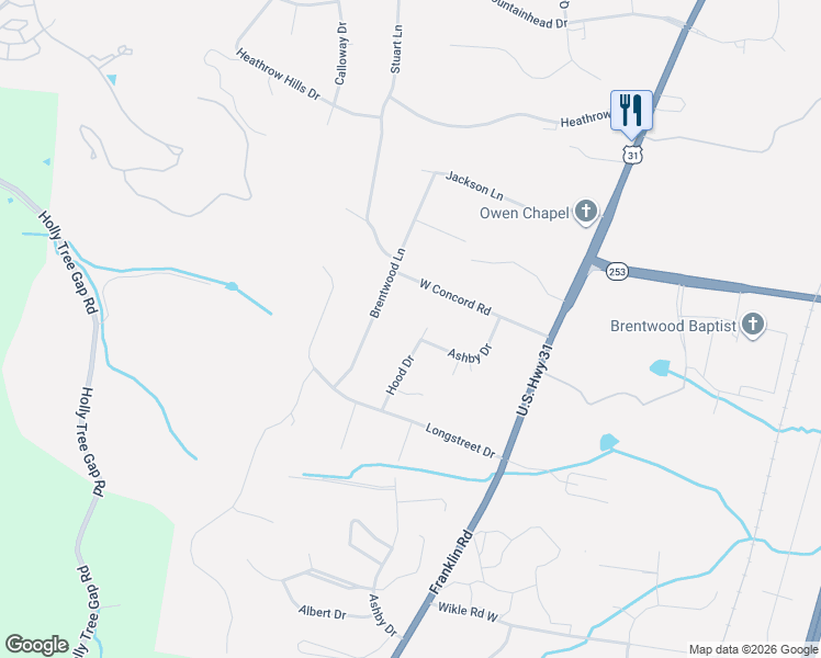 map of restaurants, bars, coffee shops, grocery stores, and more near 5016 Ashby Drive in Brentwood