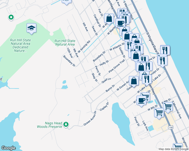 map of restaurants, bars, coffee shops, grocery stores, and more near 808 Dean Street in Kill Devil Hills