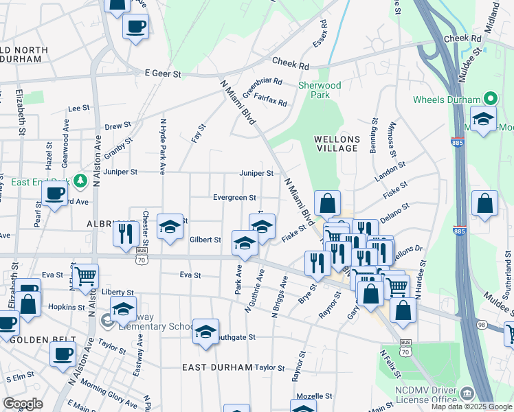 map of restaurants, bars, coffee shops, grocery stores, and more near 1109 Alma Street in Durham