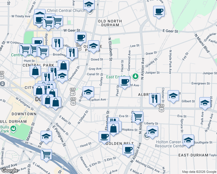 map of restaurants, bars, coffee shops, grocery stores, and more near 505 North Elizabeth Street in Durham