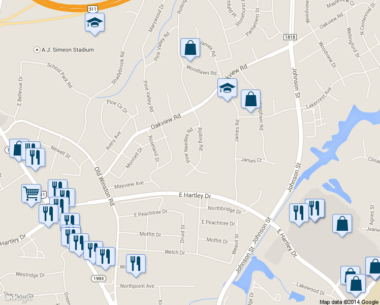 map of restaurants, bars, coffee shops, grocery stores, and more near 3210 Pine Needles Road in High Point