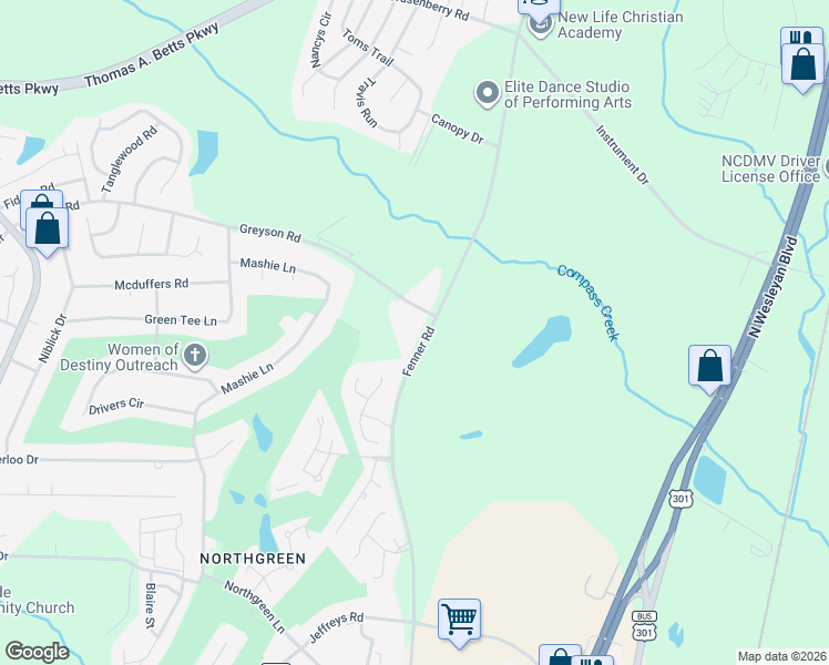 map of restaurants, bars, coffee shops, grocery stores, and more near 1524 Fenner Road in Rocky Mount
