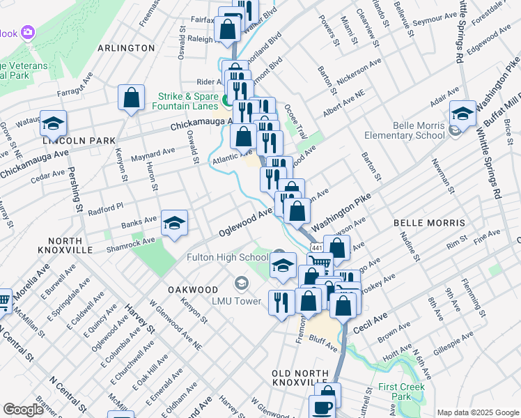map of restaurants, bars, coffee shops, grocery stores, and more near 1307 Oglewood Avenue in Knoxville