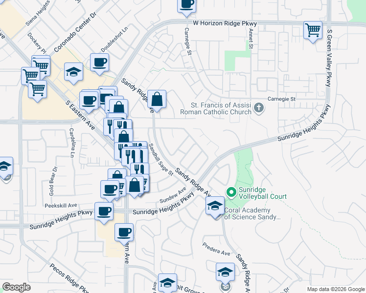 map of restaurants, bars, coffee shops, grocery stores, and more near 2564 Williamsburg Street in Henderson