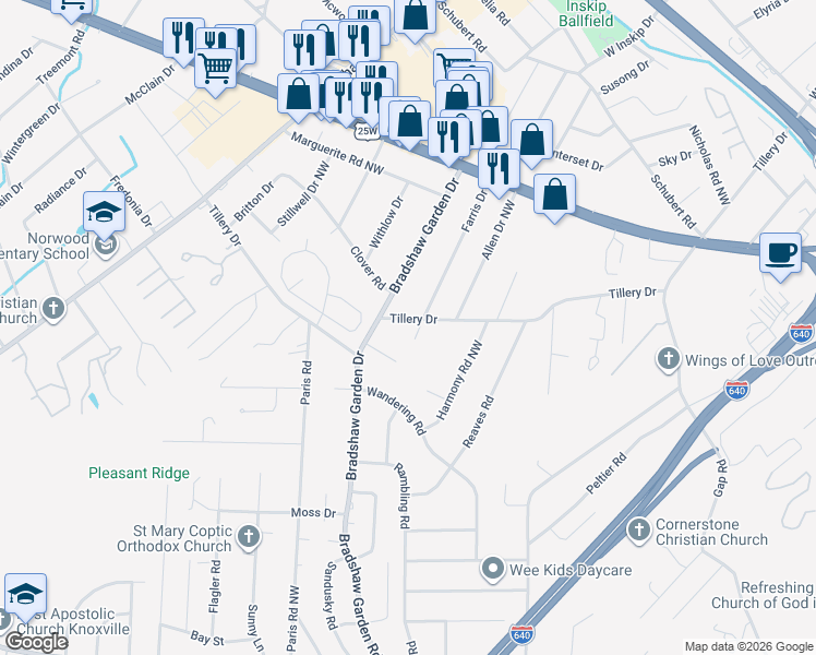 map of restaurants, bars, coffee shops, grocery stores, and more near 4903 Tillery Drive in Knoxville