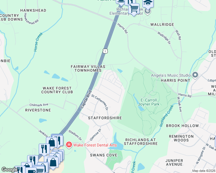 map of restaurants, bars, coffee shops, grocery stores, and more near 13120 Capital Boulevard in Wake Forest