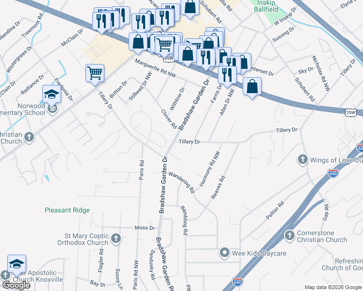 map of restaurants, bars, coffee shops, grocery stores, and more near 4903 Tillery Drive in Knoxville