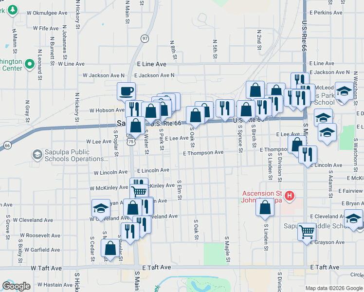 map of restaurants, bars, coffee shops, grocery stores, and more near 115 S Elm St in Sapulpa