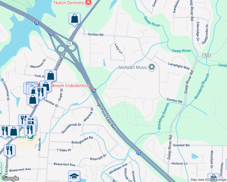 map of restaurants, bars, coffee shops, grocery stores, and more near 2302 Leeds Avenue in High Point