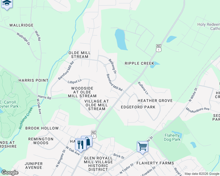 map of restaurants, bars, coffee shops, grocery stores, and more near 617 Battleboro Drive in Wake Forest