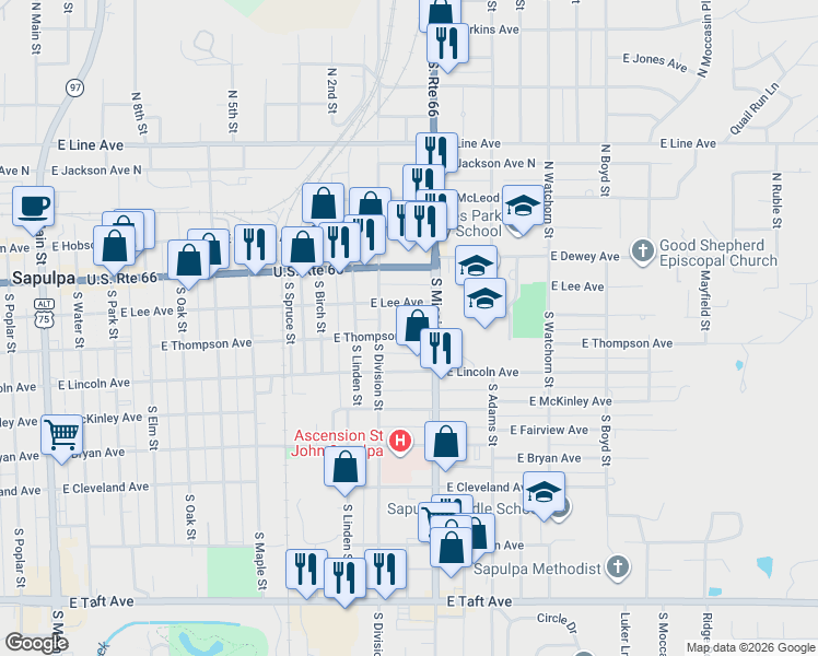 map of restaurants, bars, coffee shops, grocery stores, and more near 1009 East Thompson Avenue in Sapulpa