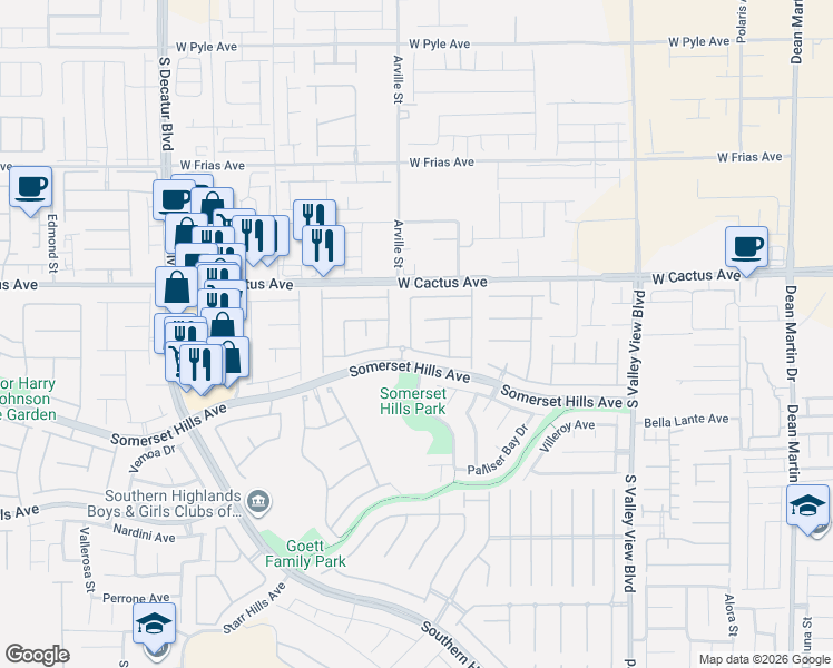 map of restaurants, bars, coffee shops, grocery stores, and more near 10595 Refugio Street in Las Vegas