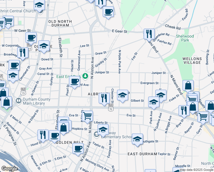 map of restaurants, bars, coffee shops, grocery stores, and more near 1011 Lowry Avenue in Durham