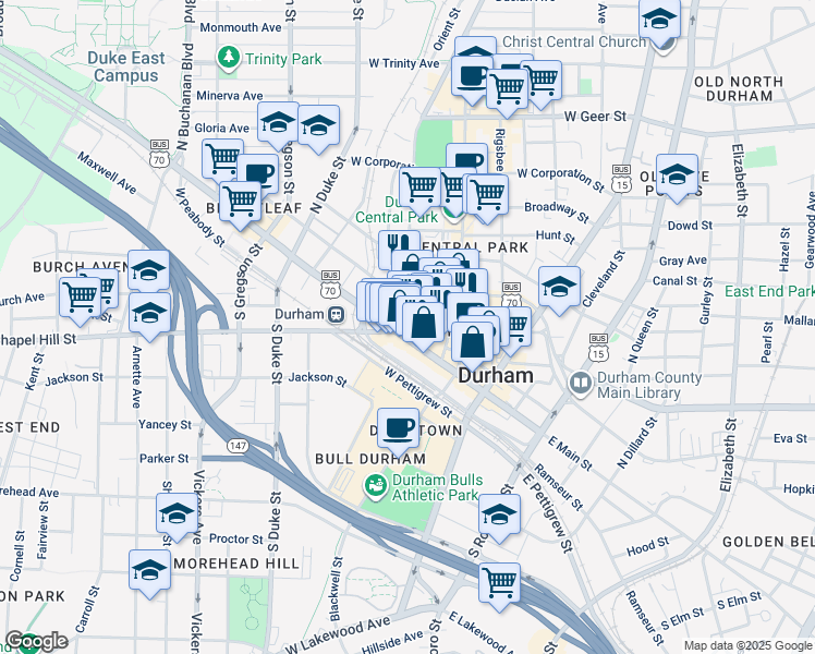 map of restaurants, bars, coffee shops, grocery stores, and more near 309 West Morgan Street in Durham