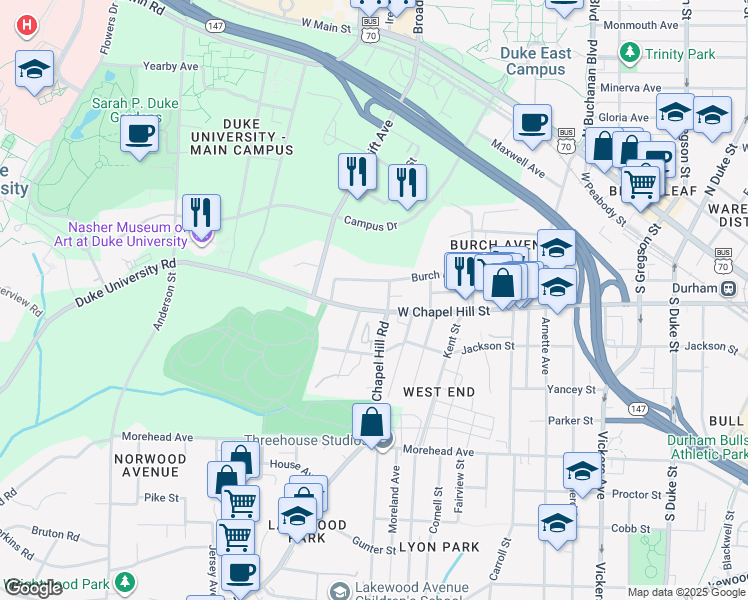 map of restaurants, bars, coffee shops, grocery stores, and more near 1410 West Chapel Hill Street in Durham