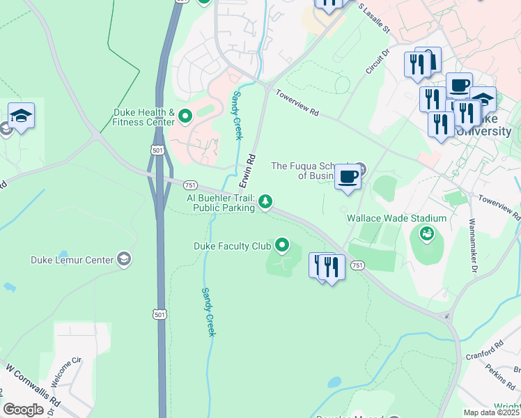 map of restaurants, bars, coffee shops, grocery stores, and more near 3301 Cameron Boulevard in Durham