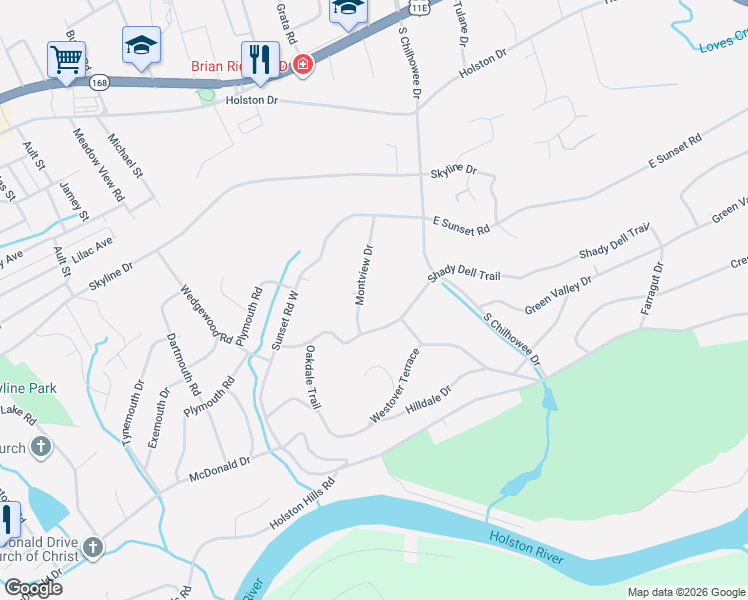 map of restaurants, bars, coffee shops, grocery stores, and more near 1124 Montview Drive in Knoxville