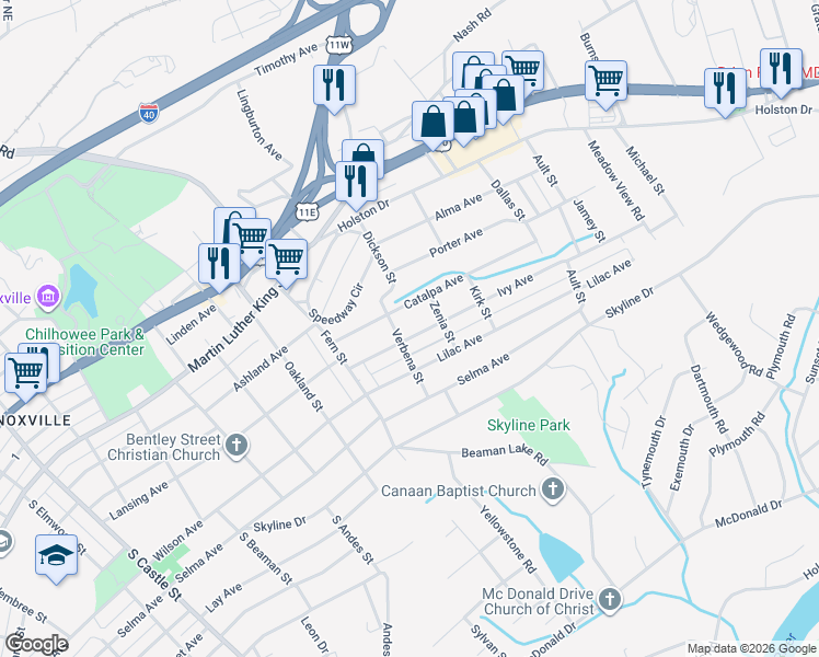 map of restaurants, bars, coffee shops, grocery stores, and more near 3817 Ivy Avenue in Knoxville