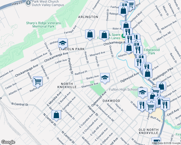 map of restaurants, bars, coffee shops, grocery stores, and more near 2712 Kenyon Street in Knoxville