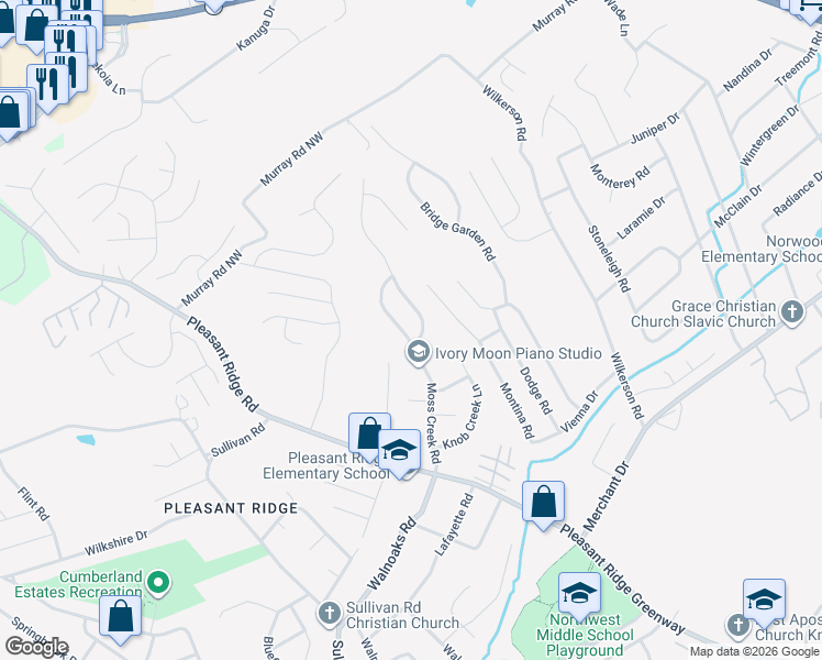 map of restaurants, bars, coffee shops, grocery stores, and more near 2592 Moss Creek Road in Knoxville