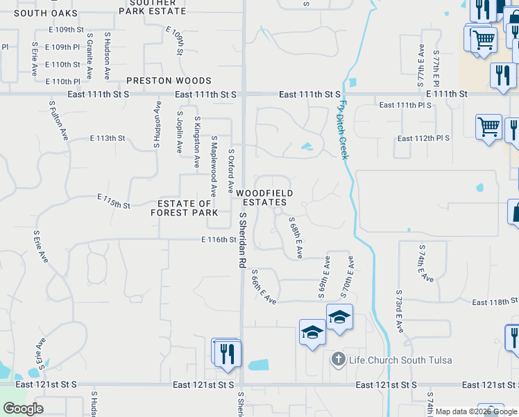 map of restaurants, bars, coffee shops, grocery stores, and more near 11508 South 66th East Avenue in Bixby