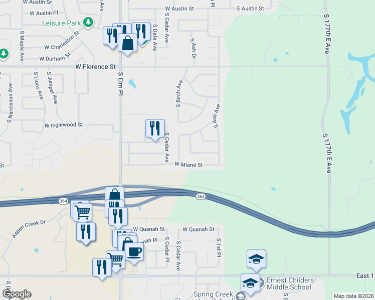 map of restaurants, bars, coffee shops, grocery stores, and more near 5704 South Ash Court in Broken Arrow