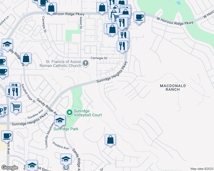 map of restaurants, bars, coffee shops, grocery stores, and more near 2272 Sunrise Ridge Court in Henderson