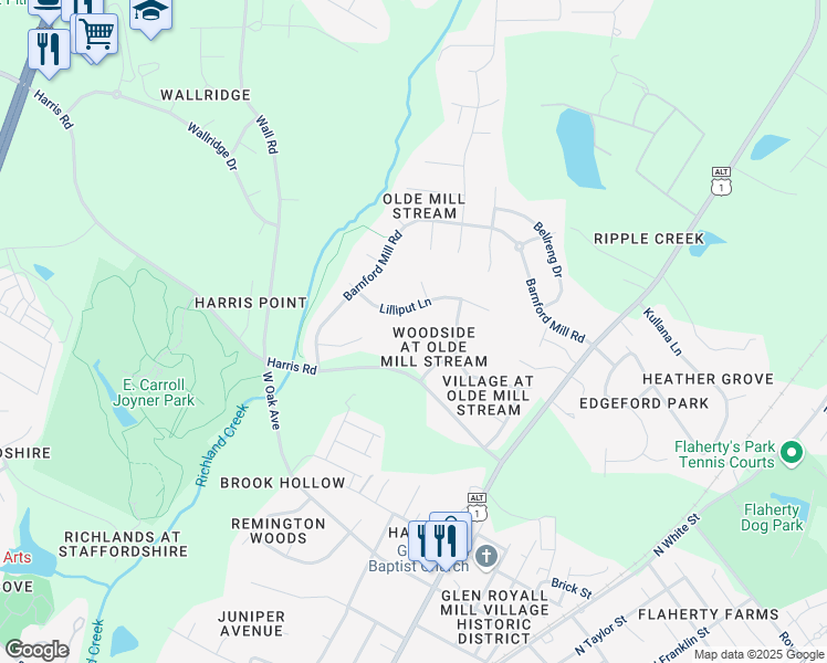 map of restaurants, bars, coffee shops, grocery stores, and more near 305 Watchet Place in Wake Forest