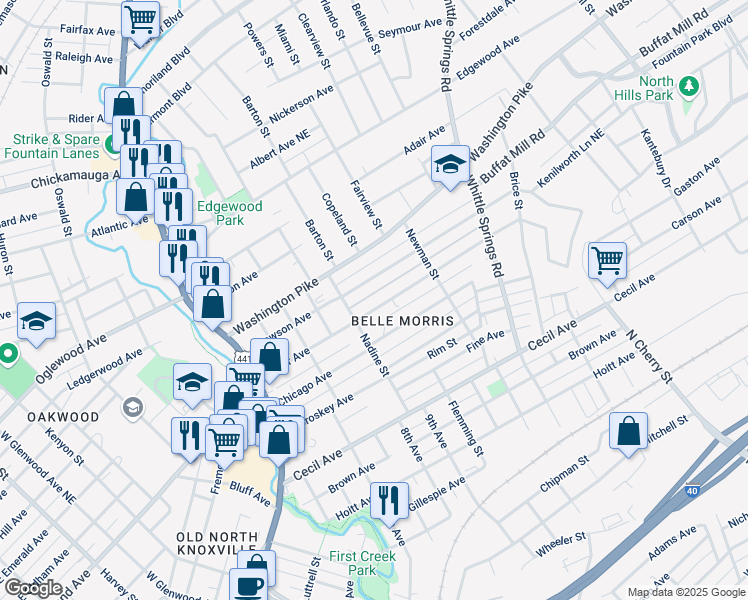 map of restaurants, bars, coffee shops, grocery stores, and more near 1921 Coker Avenue in Knoxville