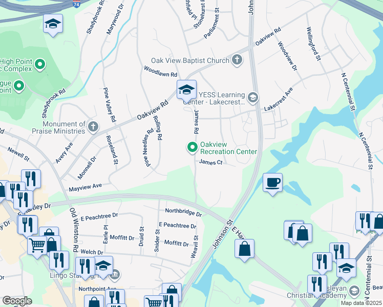 map of restaurants, bars, coffee shops, grocery stores, and more near 501 James Road in High Point