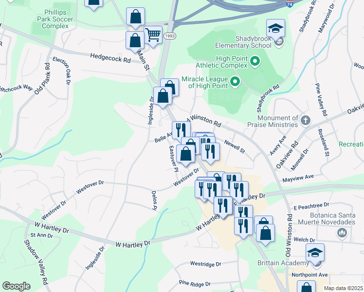map of restaurants, bars, coffee shops, grocery stores, and more near 2929 North Main Street in High Point