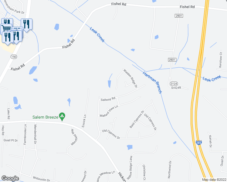 map of restaurants, bars, coffee shops, grocery stores, and more near 305 Walden Ridge Court in Winston-Salem