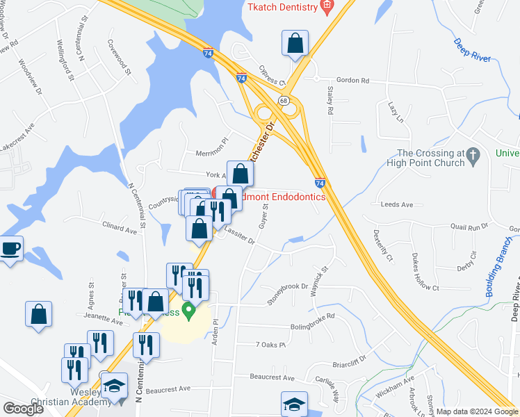 map of restaurants, bars, coffee shops, grocery stores, and more near 2613 Guyer Street in High Point