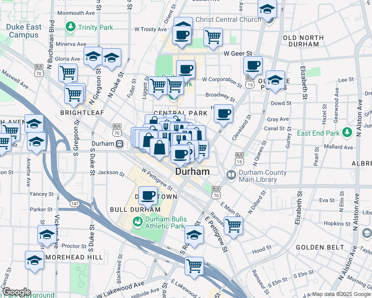 map of restaurants, bars, coffee shops, grocery stores, and more near in Durham
