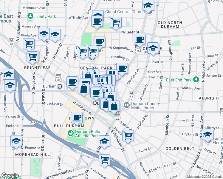 map of restaurants, bars, coffee shops, grocery stores, and more near 400 North Mangum Street in Durham