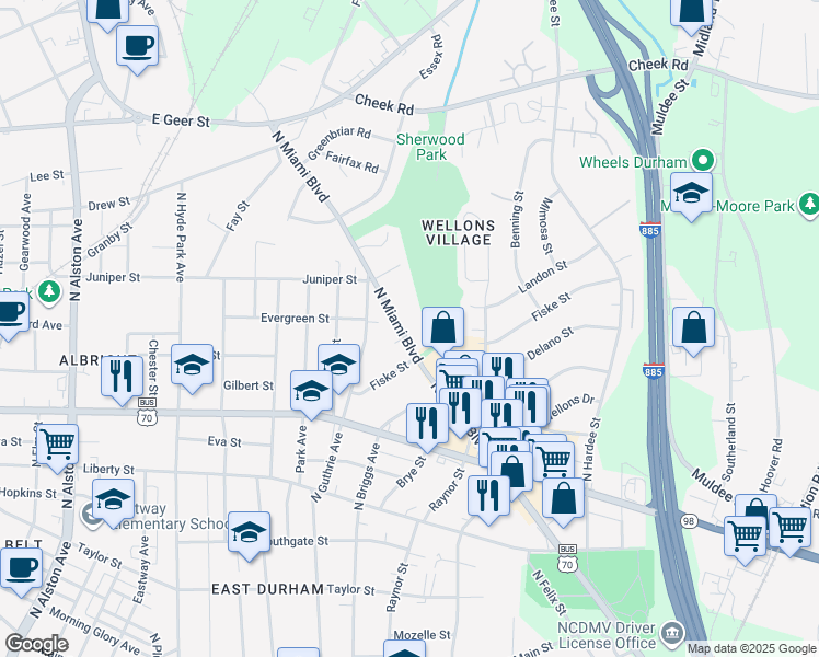 map of restaurants, bars, coffee shops, grocery stores, and more near 1212 North Miami Boulevard in Durham