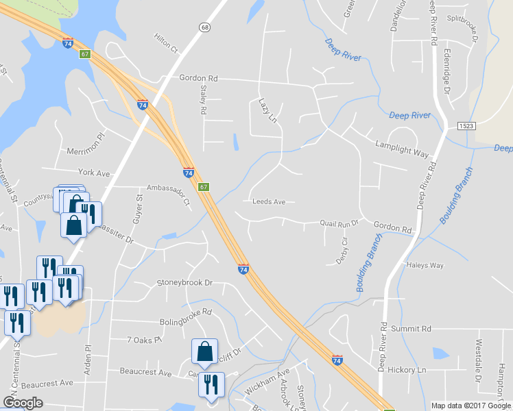 map of restaurants, bars, coffee shops, grocery stores, and more near 2302 Leeds Avenue in High Point