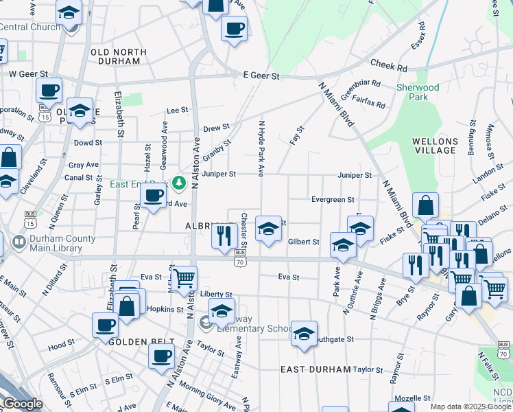 map of restaurants, bars, coffee shops, grocery stores, and more near 1111 Lowry Avenue in Durham
